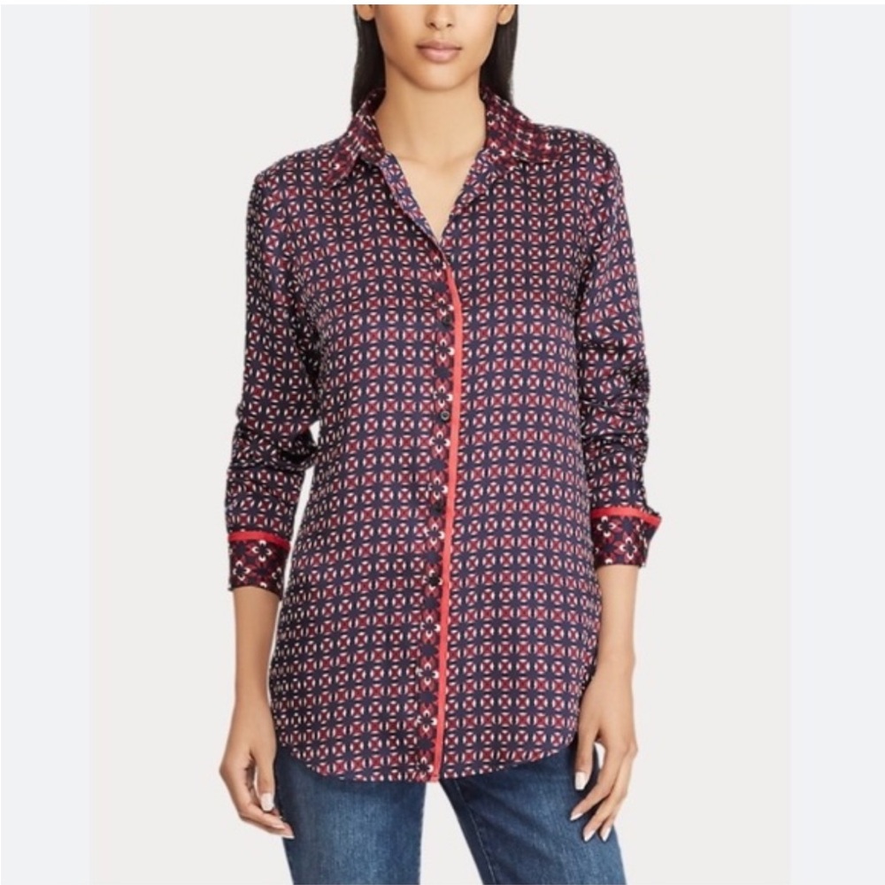 NWT Lauren Ralph Lauren Geometric Navy and burgundy Shirt size S